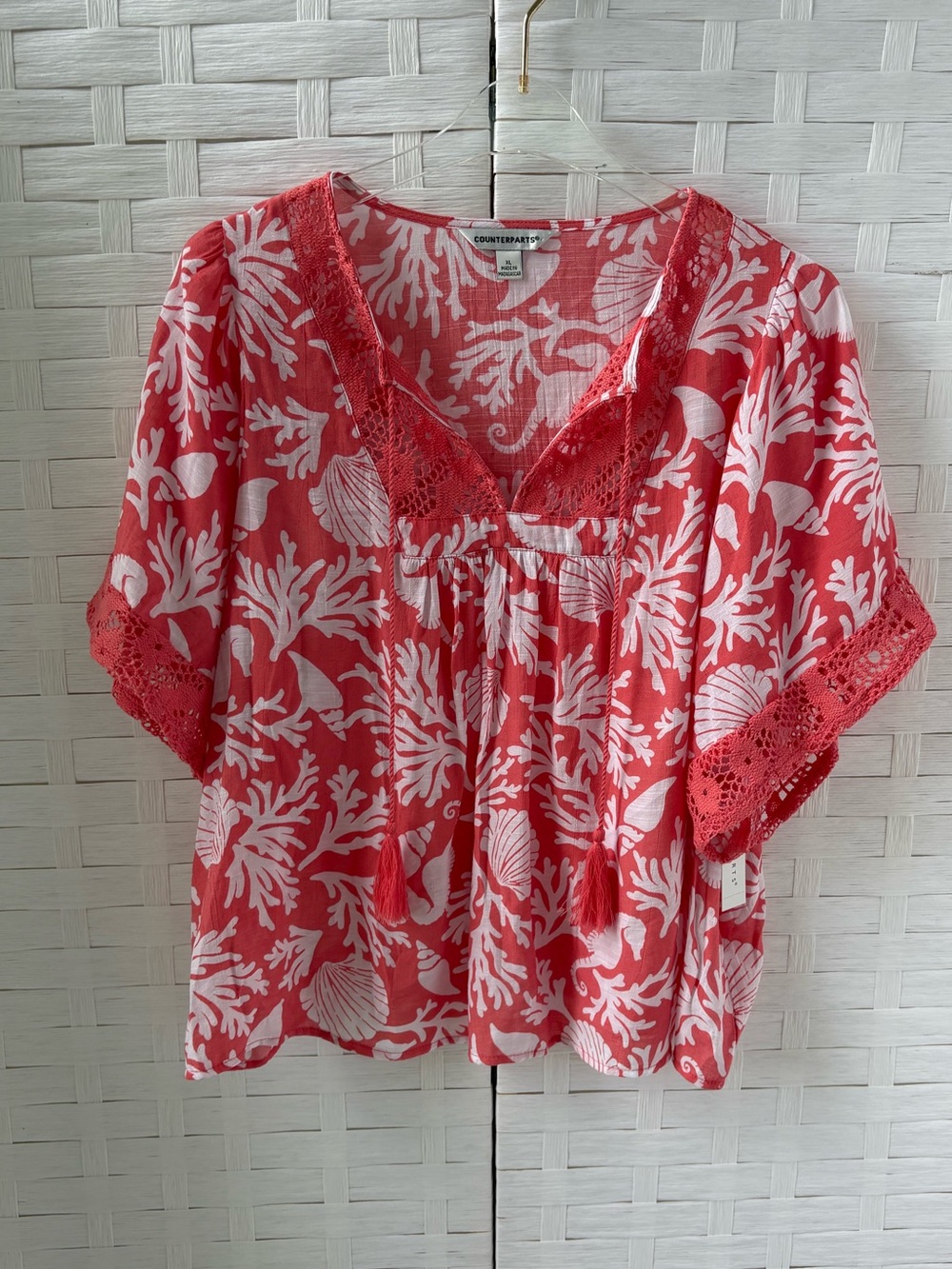 Counterparts Coral White Crochet Trim Short Sleeve Blouse Cruise Beach Resort